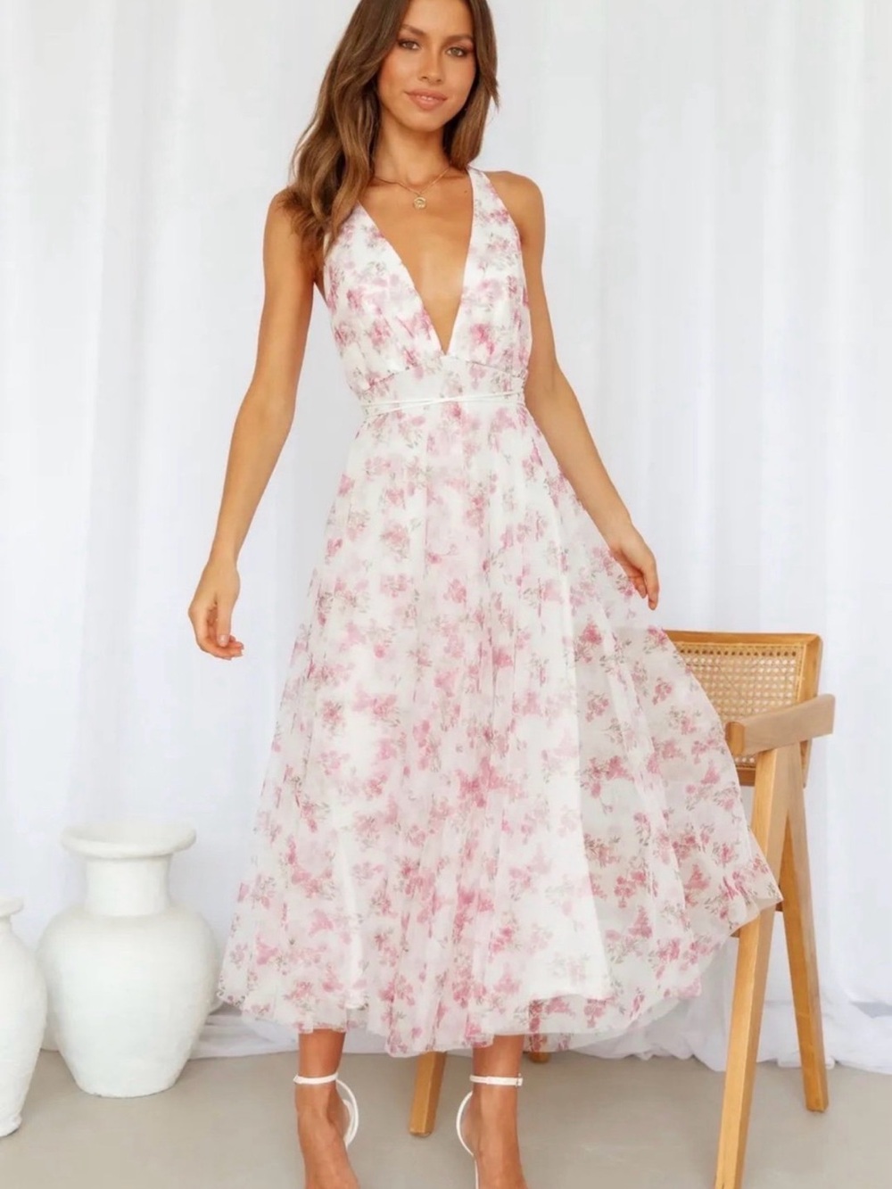 Hello Molly Pink Floral V-Neck Midi Dress